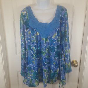 Silhousettes Blouse Blue Purple & Green Floral XL